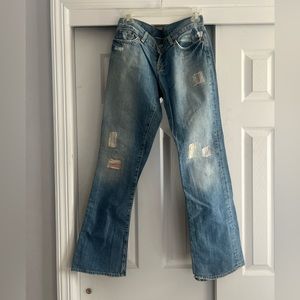 Low-Rise Lucky Brand Patchwork Flare Jeans with Cool Stitching Details